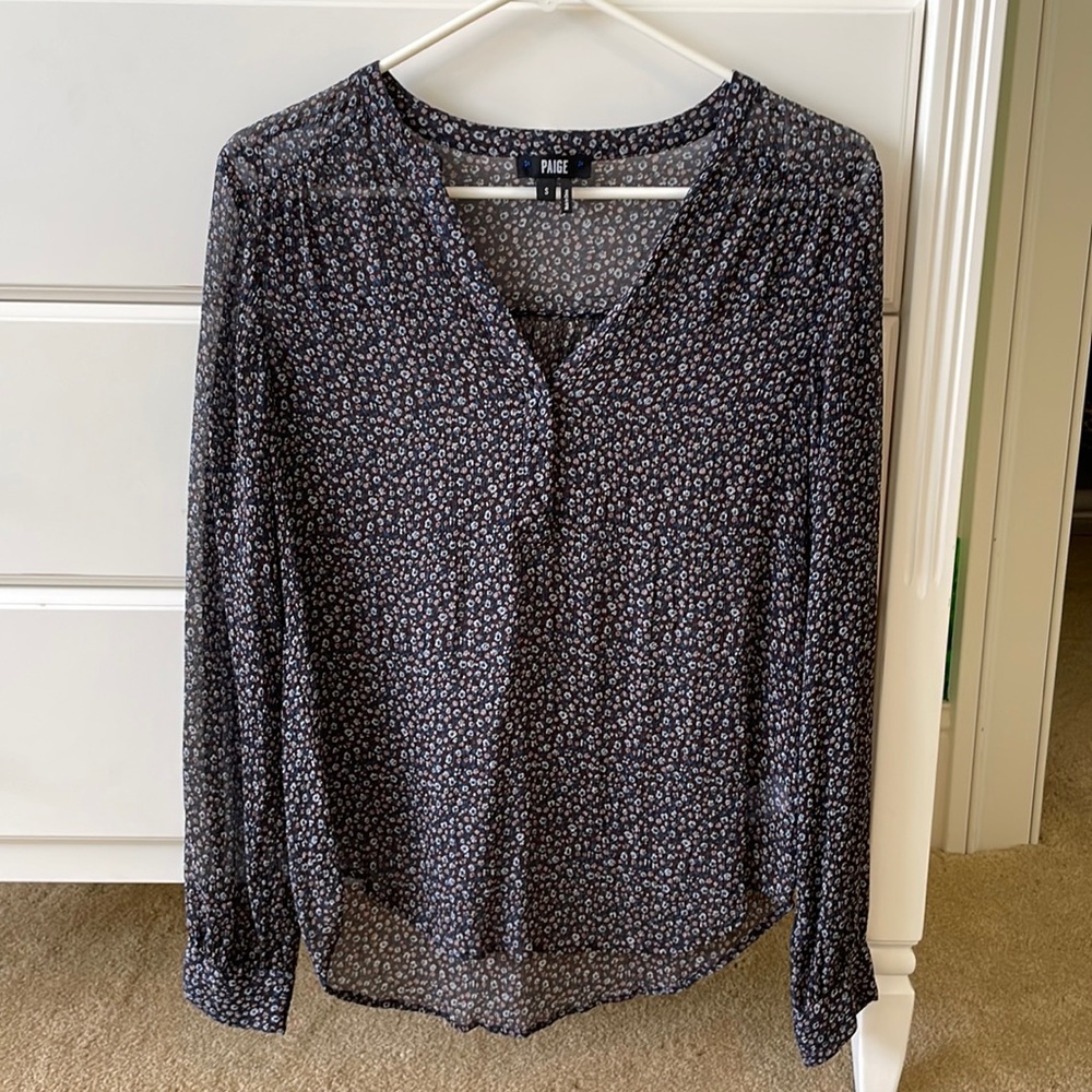 Paige women’s long sleeve blouse, size S. Blue with small pink/white flowers.
